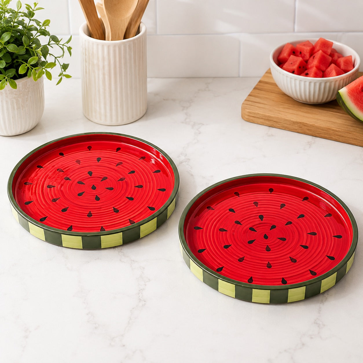 Sajaao Watermelon design Ceramic Serving Platter Set, Pizza Plate , Serving Tray for Snacks, Fruits, Cookies & Desserts, Home Decor Gift for Family, Dining Table decor (Pack of 2, Ceramic, Multicolour)