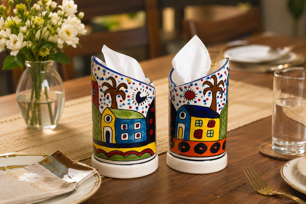 Sajaao Lake Tissue Holder Set of 2, Handcrafted napkin holder, decorative tissue paper holder for dining table, living Room, kitchen, office, home decor (Creamic, Multicolour)