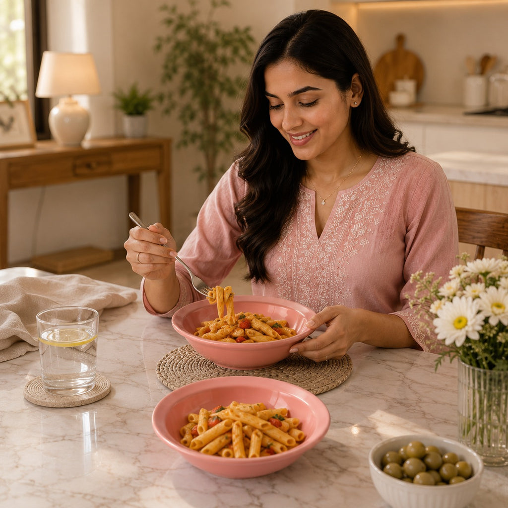 SAJAAO Pink Heart Ceramic Pasta Bowl,  Microwave Safe Bowls for Noodles, Maggi, Soup, Desserts, Snacks (Pack of 2, Pink)