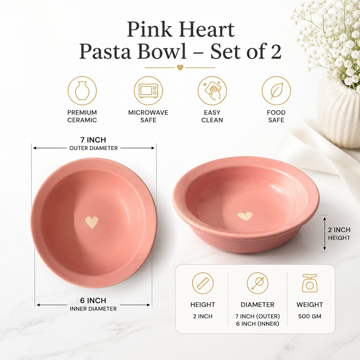 SAJAAO Pink Heart Ceramic Pasta Bowl,  Microwave Safe Bowls for Noodles, Maggi, Soup, Desserts, Snacks (Pack of 2, Pink)