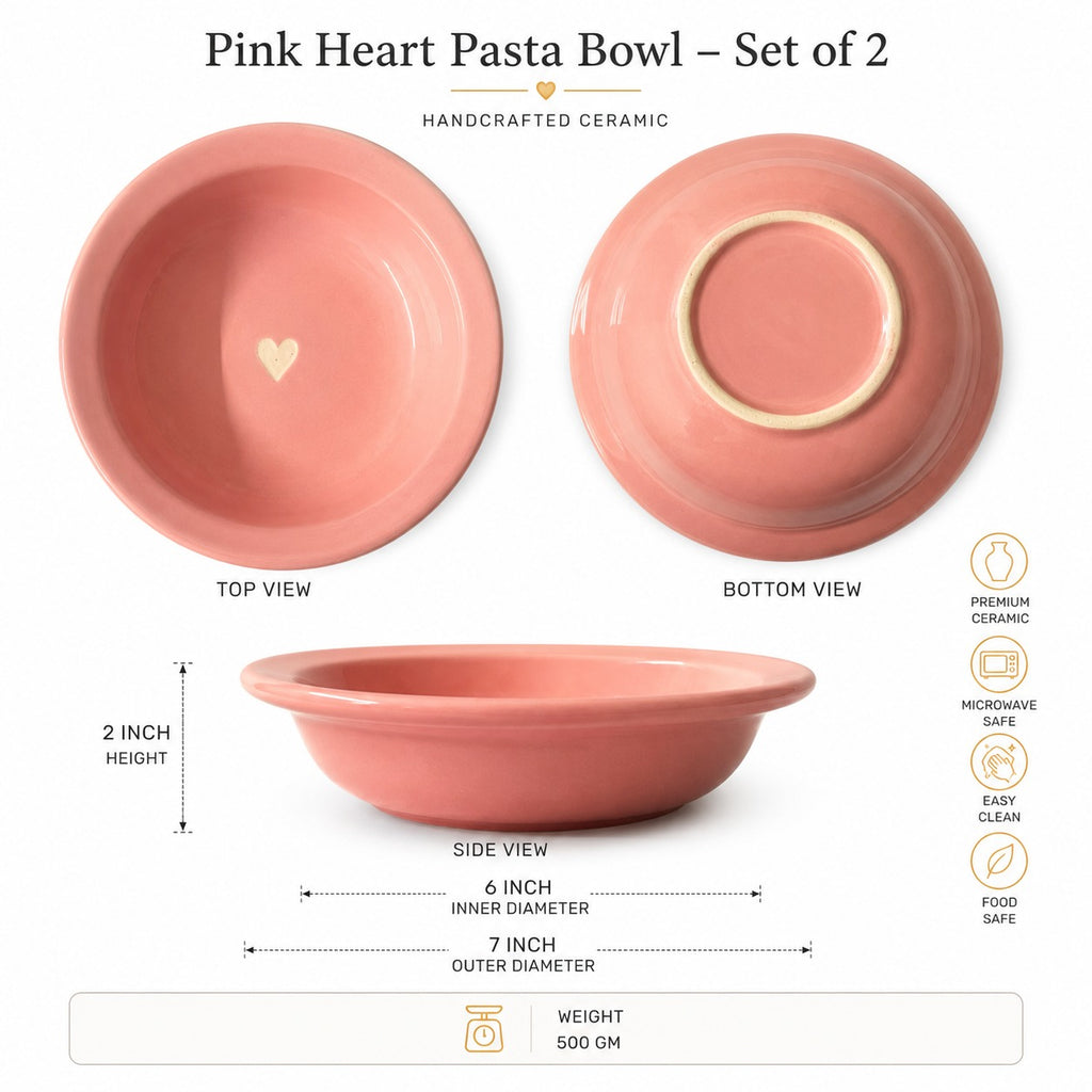 SAJAAO Pink Heart Ceramic Pasta Bowl,  Microwave Safe Bowls for Noodles, Maggi, Soup, Desserts, Snacks (Pack of 2, Pink)