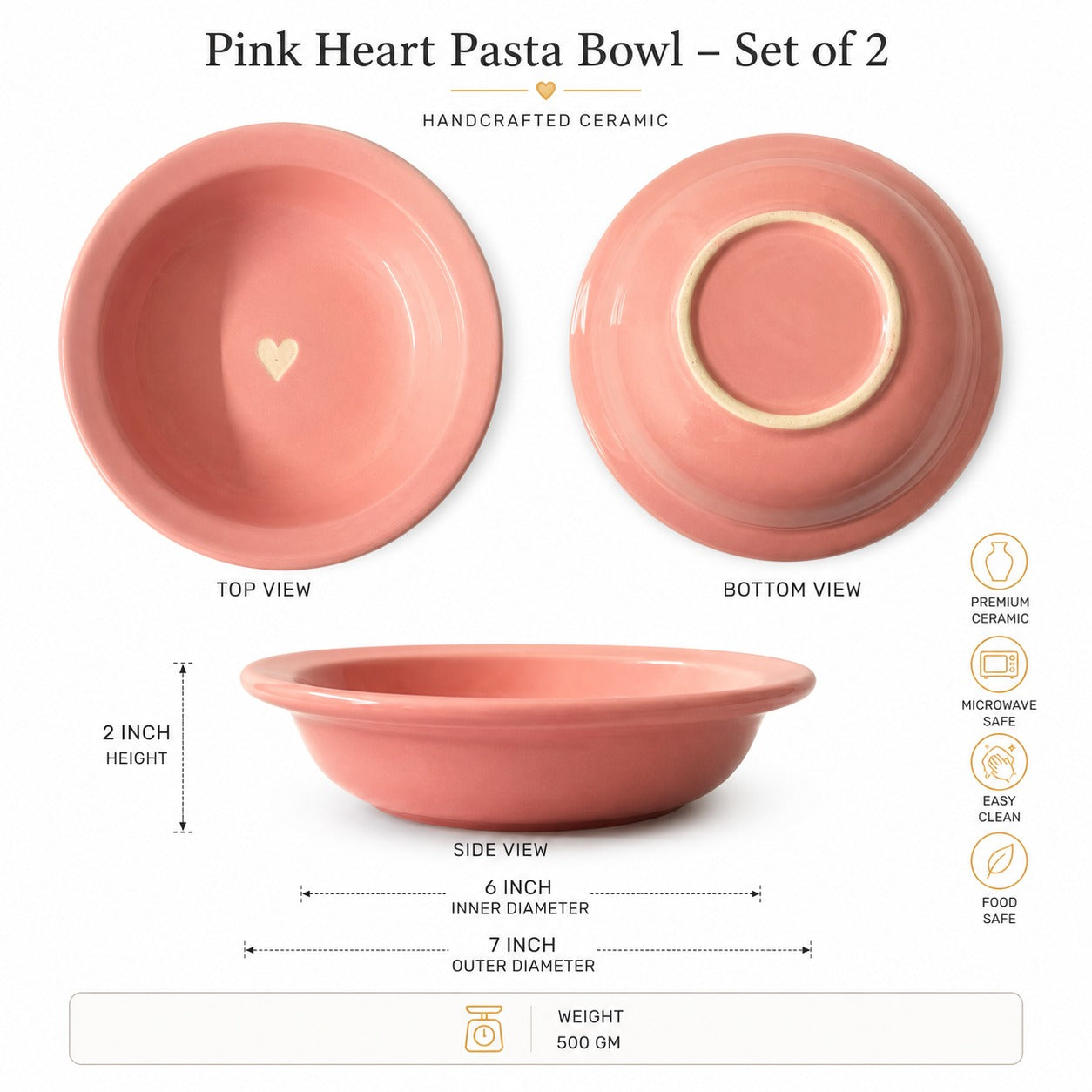 SAJAAO Pink Heart Ceramic Pasta Bowl,  Microwave Safe Bowls for Noodles, Maggi, Soup, Desserts, Snacks (Pack of 2, Pink)
