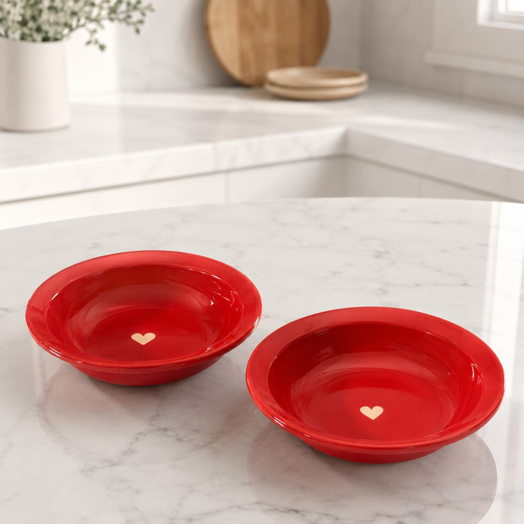SAJAAO Ceramic Pasta Bowl,  Microwave Safe Ceramic Plate for Noodles, Maggi, Soup, Desserts, Snacks (Red, Pack of 2)