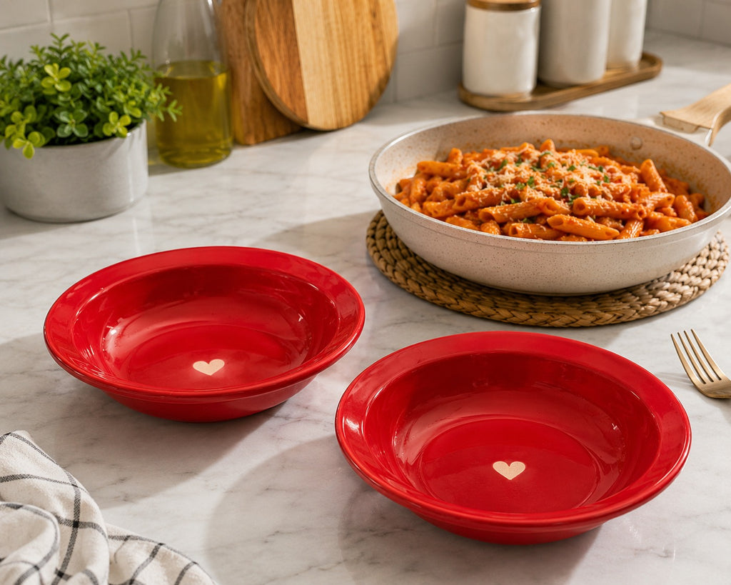 SAJAAO Ceramic Pasta Bowl,  Microwave Safe Ceramic Plate for Noodles, Maggi, Soup, Desserts, Snacks (Red, Pack of 2)