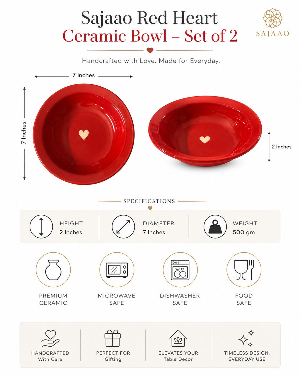 SAJAAO Ceramic Pasta Bowl,  Microwave Safe Ceramic Plate for Noodles, Maggi, Soup, Desserts, Snacks (Red, Pack of 2)