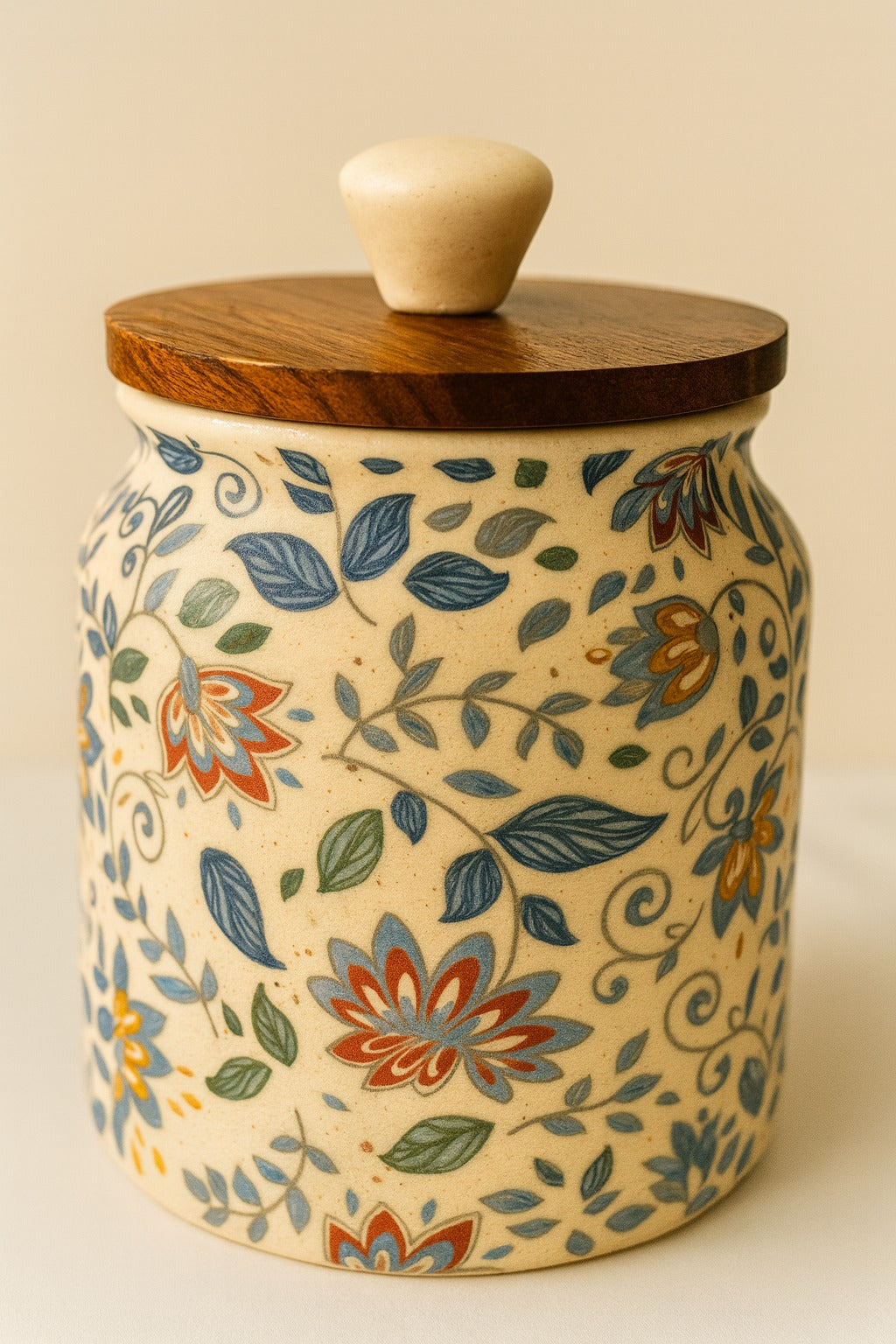 Sajaao Floral air tight ceramic storage jar set of 2 , wooden lid ,barni . tea, coffee, sugar, salt, chutni , dryfruits , stoneware kitchen container , aesthetic moroccan design , wedding,anniversary gift to friends and family (Set of 2)