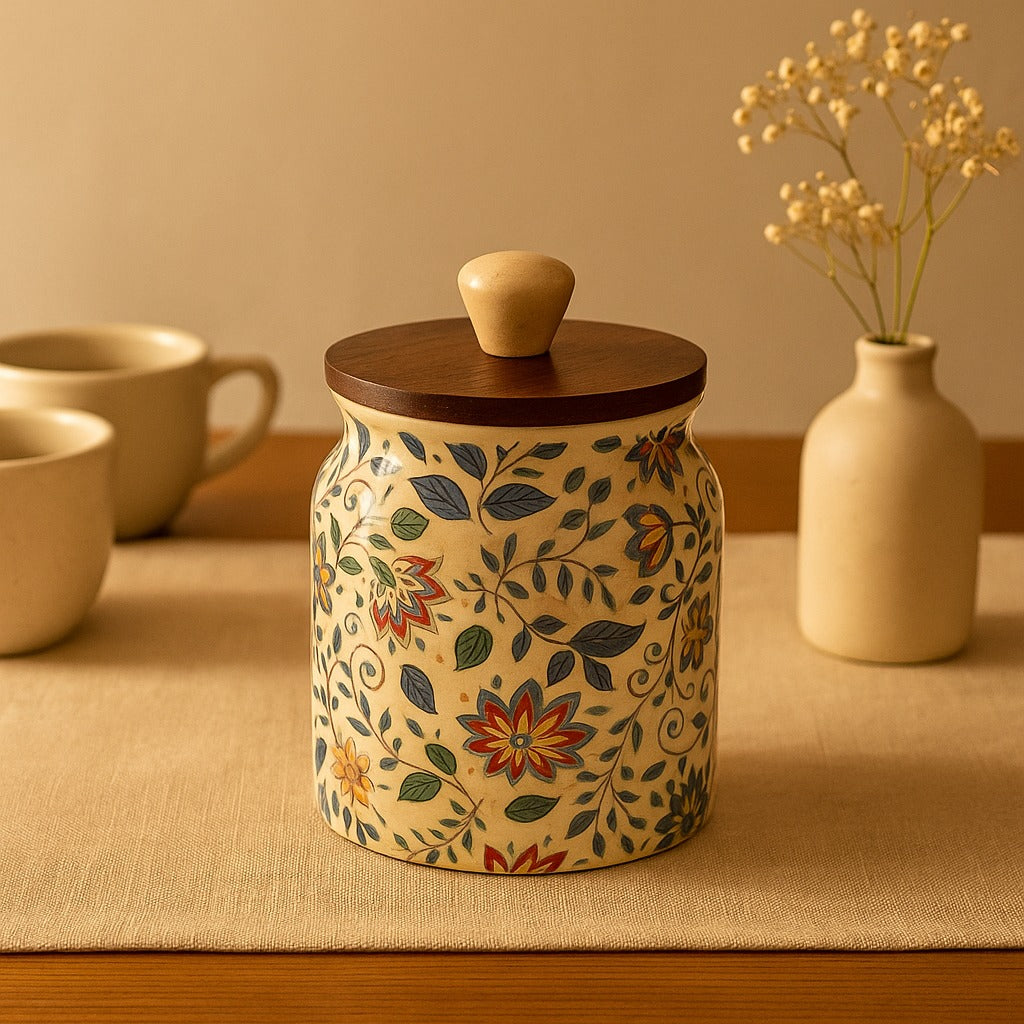 Sajaao Floral air tight ceramic storage jar set of 2 , wooden lid ,barni . tea, coffee, sugar, salt, chutni , dryfruits , stoneware kitchen container , aesthetic moroccan design , wedding,anniversary gift to friends and family (Set of 2)