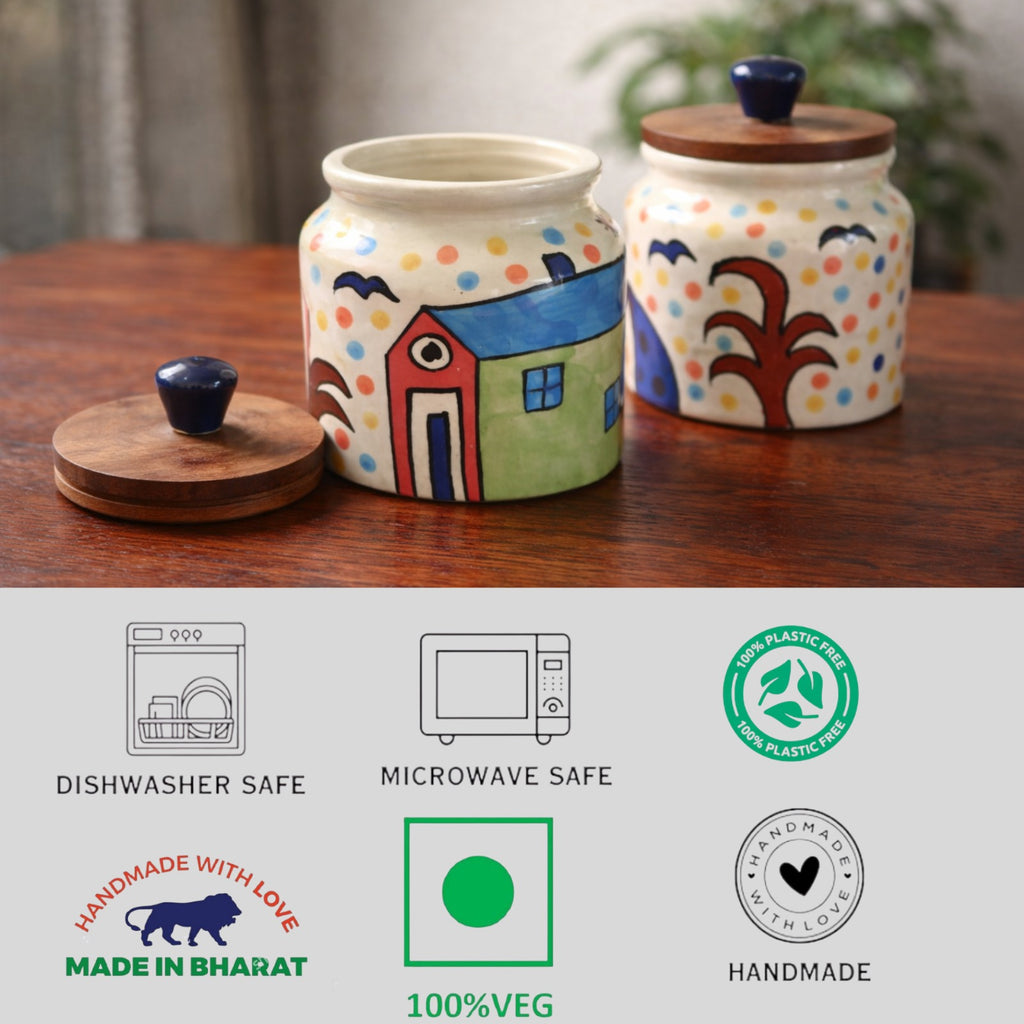 SAJAAO Jumbo Ceramic Jar Combo | Hand-Painted Storage Containers with Airtight Wooden Lid (Multicolour, Pack of 2)