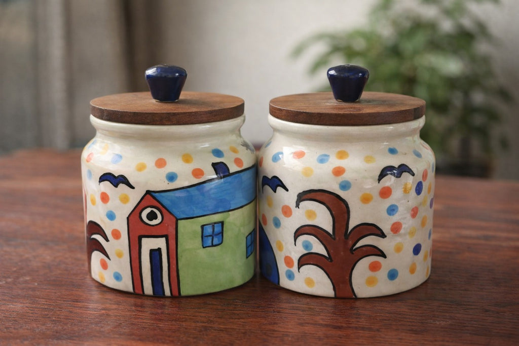SAJAAO Jumbo Ceramic Jar Combo | Hand-Painted Storage Containers with Airtight Wooden Lid (Multicolour, Pack of 2)