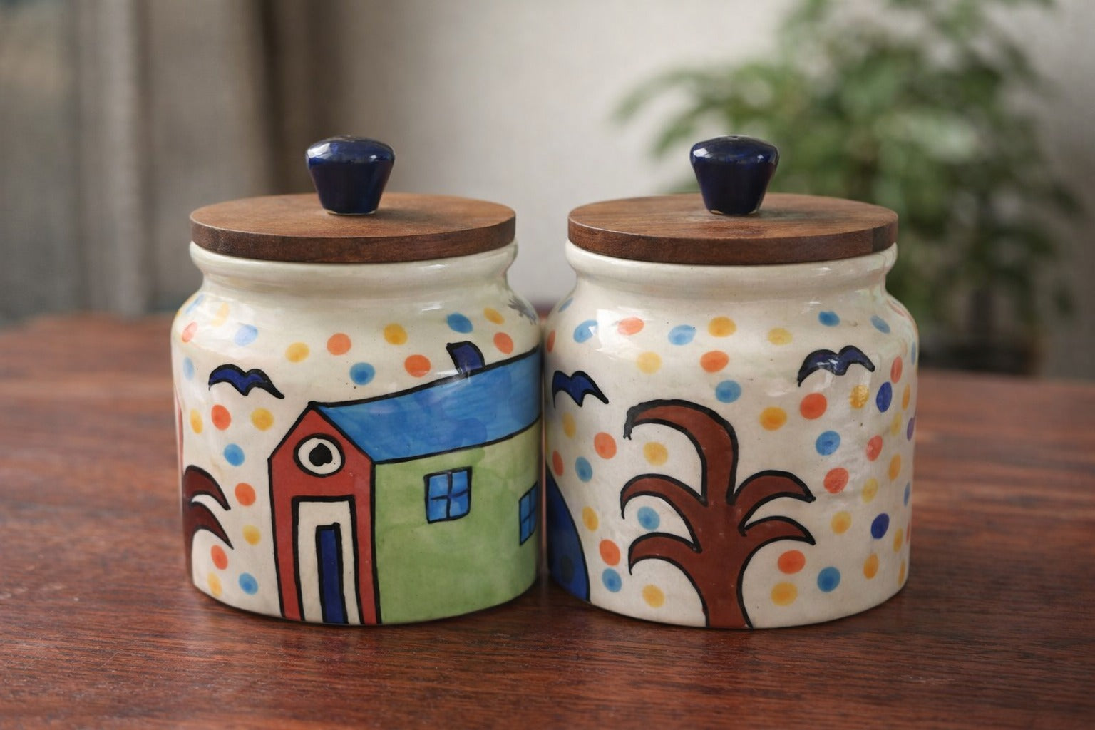 SAJAAO Jumbo Ceramic Jar Combo | Hand-Painted Storage Containers with Airtight Wooden Lid (Multicolour, Pack of 2)