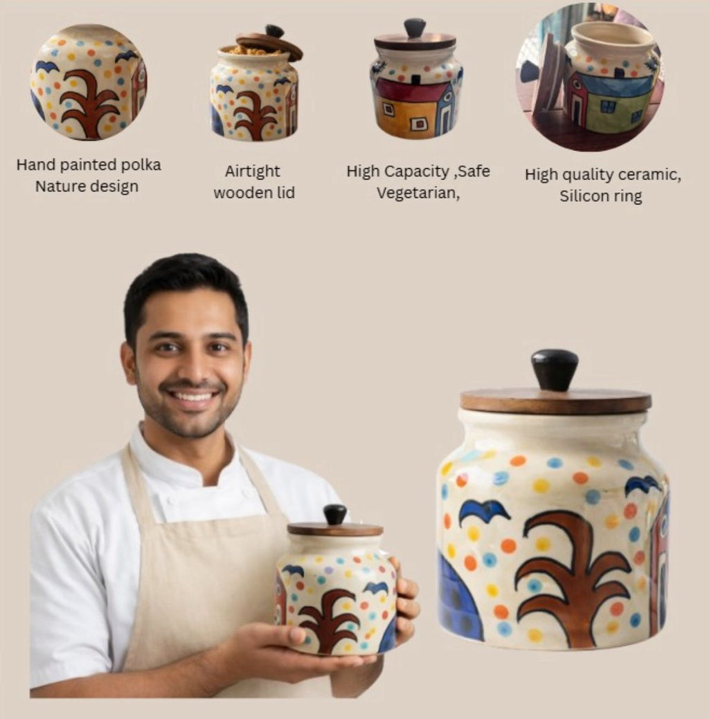 SAJAAO Jumbo Ceramic Jar Combo | Hand-Painted Storage Containers with Airtight Wooden Lid (Multicolour, Pack of 2)