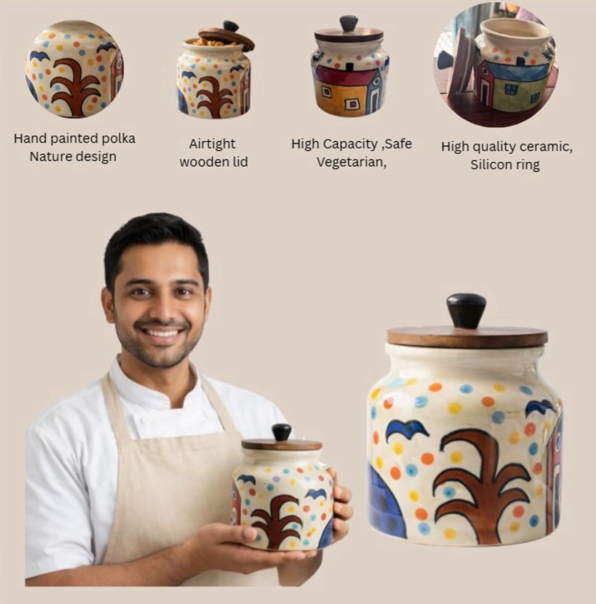 SAJAAO Jumbo Ceramic Jar Combo | Hand-Painted Storage Containers with Airtight Wooden Lid (Multicolour, Pack of 2)