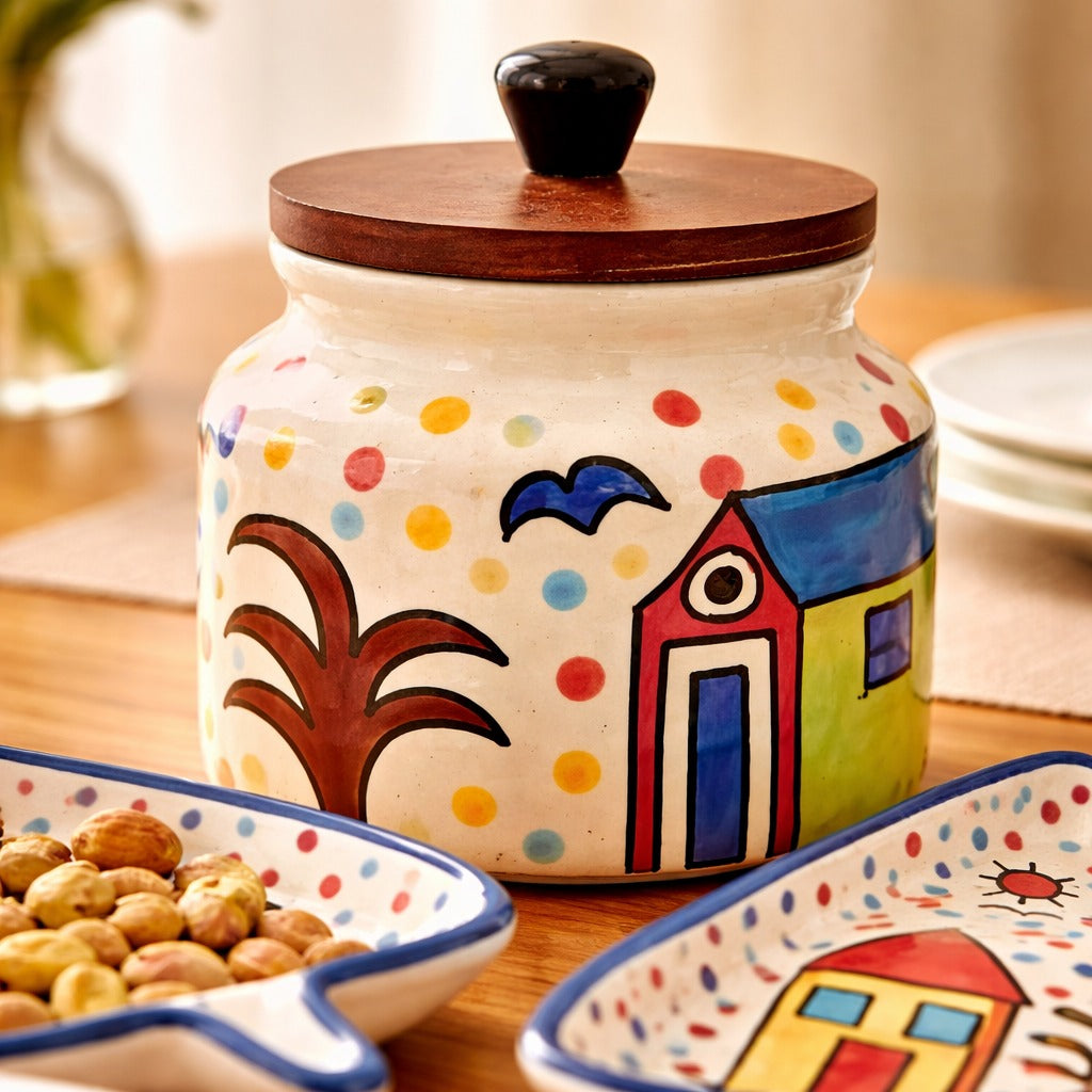 SAJAAO Handcrafted Airtight Ceramic Jar & Leaf Shaped Platter Combo (Pack of 4)