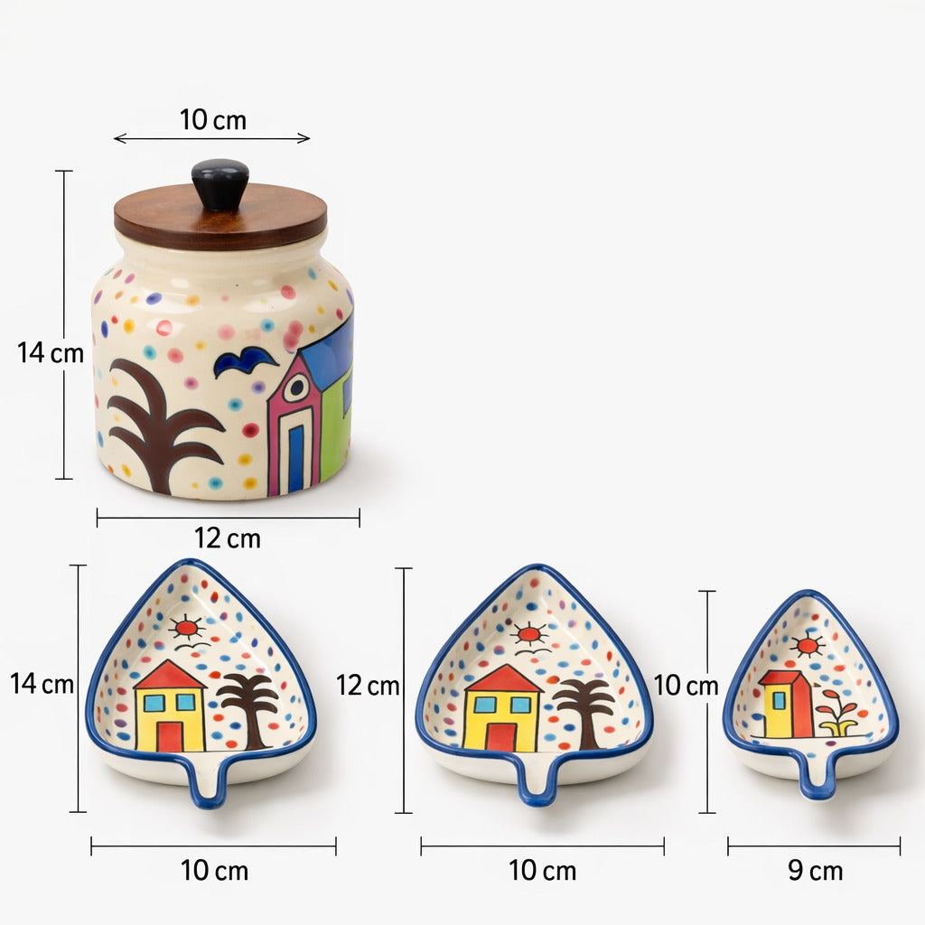 SAJAAO Handcrafted Airtight Ceramic Jar & Leaf Shaped Platter Combo (Pack of 4)