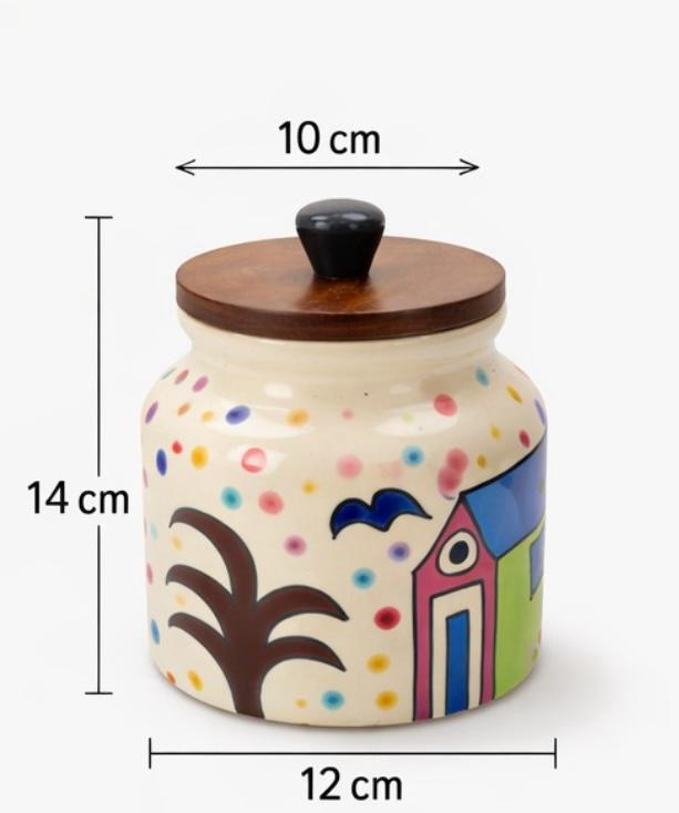SAJAAO Jumbo Village Ceramic Jar With Airtight Wooden Lid (Multicolour, Pack of 1)