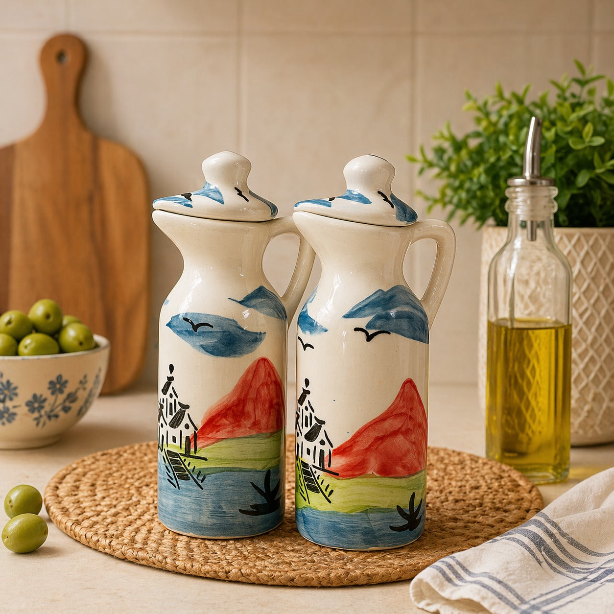 Hand‑Painted Hut - Ceramic Oil Dispenser Set of 2