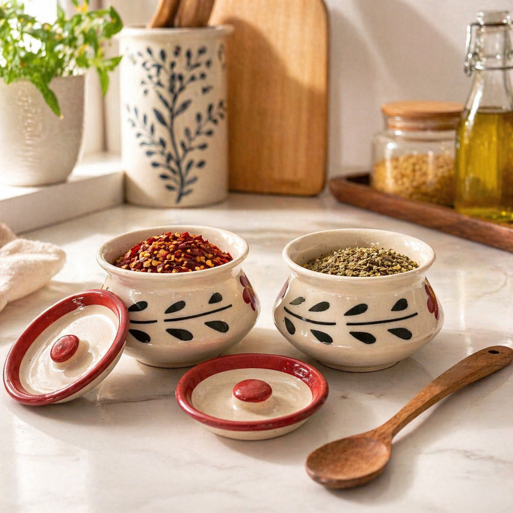 SAJAAO Mini Ceramic Pickle Jar with Lid, Handcrafted Chutney, Curd, Masala, Achaar Storage Containers (Set of 2, Multicolour, 200ml each)