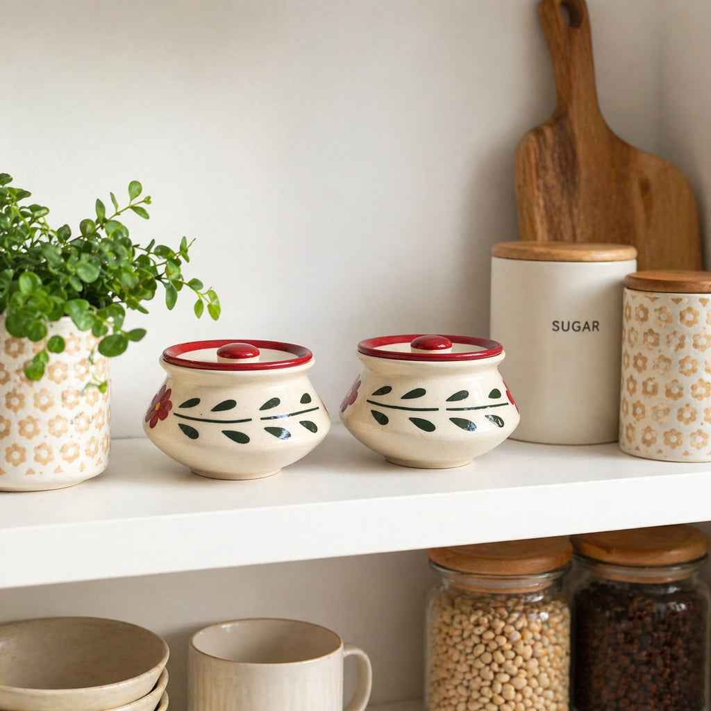 SAJAAO Mini Ceramic Pickle Jar with Lid, Handcrafted Chutney, Curd, Masala, Achaar Storage Containers (Set of 2, Multicolour, 200ml each)
