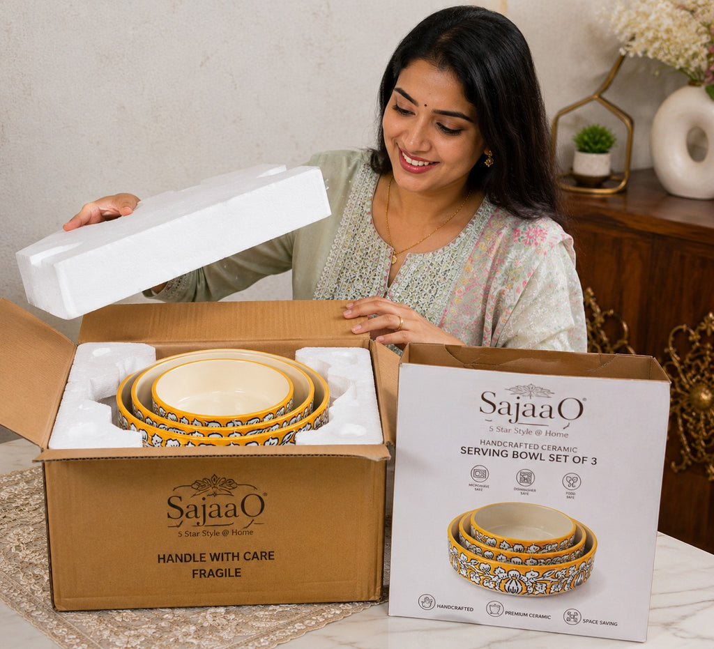 SAJAAO Ceramic Salad Bowl Set, Yellow Mughal Design, Microwave & Dishwasher Safe, Large Serving Bowls for Kitchen & Dining Decor (Yellow, Pack of 3)