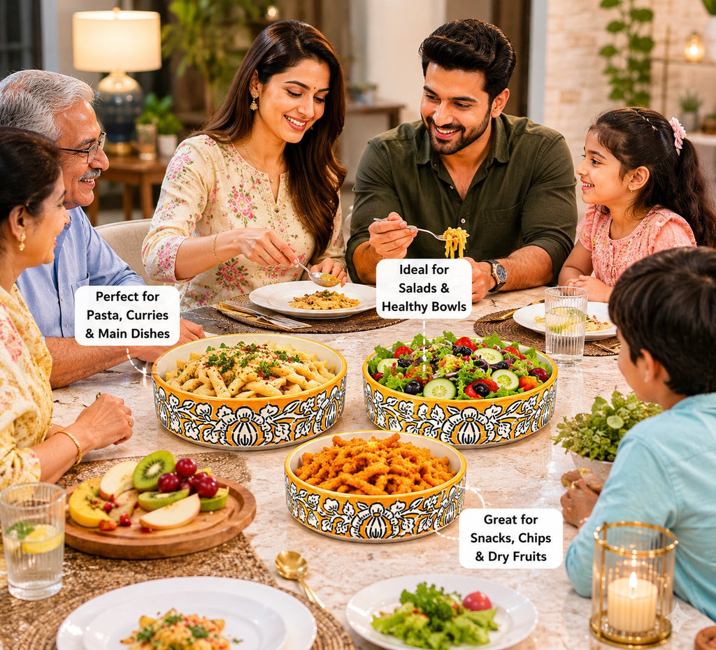 SAJAAO Ceramic Salad Bowl Set, Yellow Mughal Design, Microwave & Dishwasher Safe, Large Serving Bowls for Kitchen & Dining Decor (Yellow, Pack of 3)