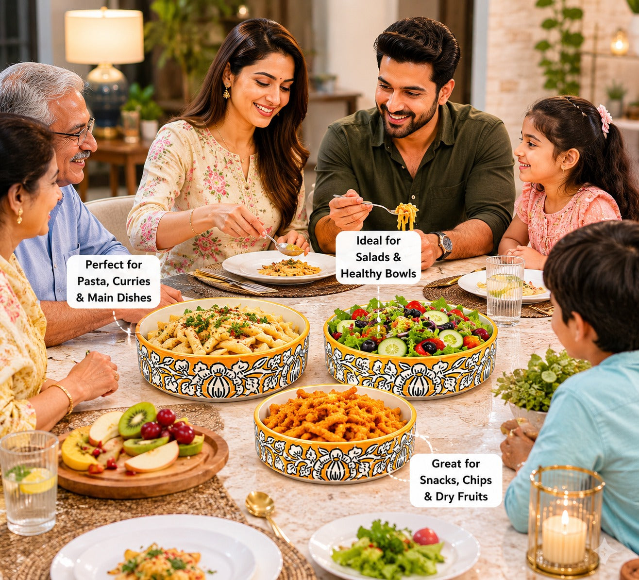 SAJAAO Ceramic Salad Bowl Set, Yellow Mughal Design, Microwave & Dishwasher Safe, Large Serving Bowls for Kitchen & Dining Decor (Yellow, Pack of 3)
