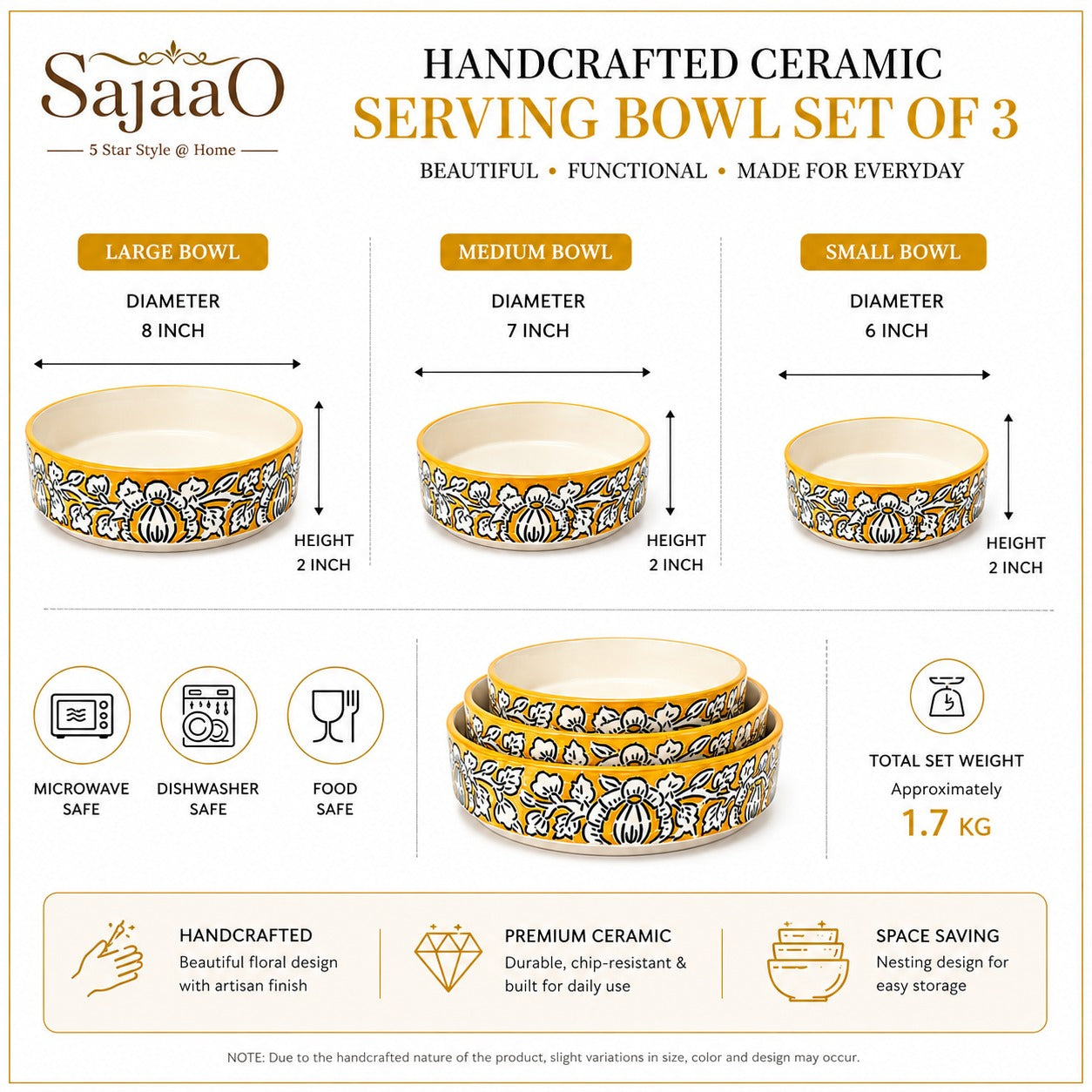 SAJAAO Ceramic Salad Bowl Set, Yellow Mughal Design, Microwave & Dishwasher Safe, Large Serving Bowls for Kitchen & Dining Decor (Yellow, Pack of 3)
