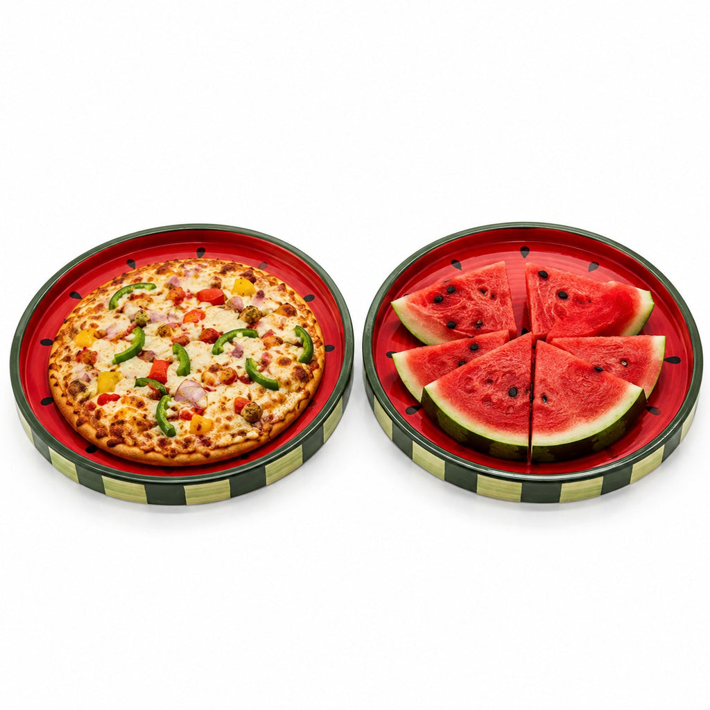Sajaao Watermelon design Ceramic Serving Platter Set, Pizza Plate , Serving Tray for Snacks, Fruits, Cookies & Desserts, Home Decor Gift for Family, Dining Table decor (Pack of 2, Ceramic, Multicolour)