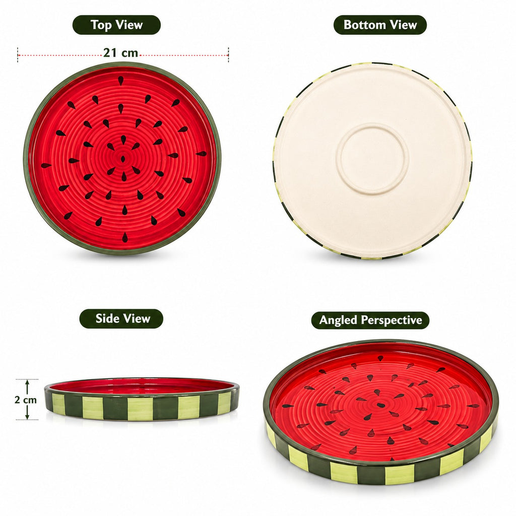 Sajaao Watermelon design Ceramic Serving Platter Set, Pizza Plate , Serving Tray for Snacks, Fruits, Cookies & Desserts, Home Decor Gift for Family, Dining Table decor (Pack of 2, Ceramic, Multicolour)