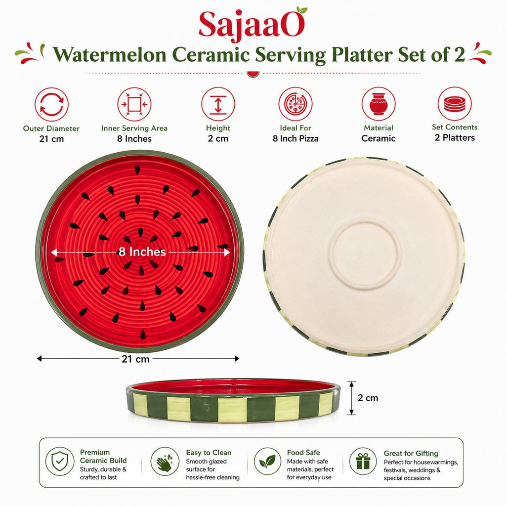 Sajaao Watermelon design Ceramic Serving Platter Set, Pizza Plate , Serving Tray for Snacks, Fruits, Cookies & Desserts, Home Decor Gift for Family, Dining Table decor (Pack of 2, Ceramic, Multicolour)