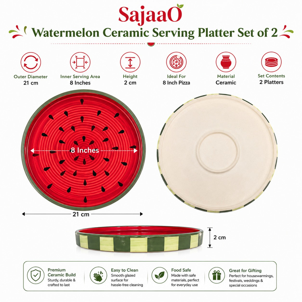 Sajaao Watermelon design Ceramic Serving Platter Set, Pizza Plate , Serving Tray for Snacks, Fruits, Cookies & Desserts, Home Decor Gift for Family, Dining Table decor (Pack of 2, Ceramic, Multicolour)
