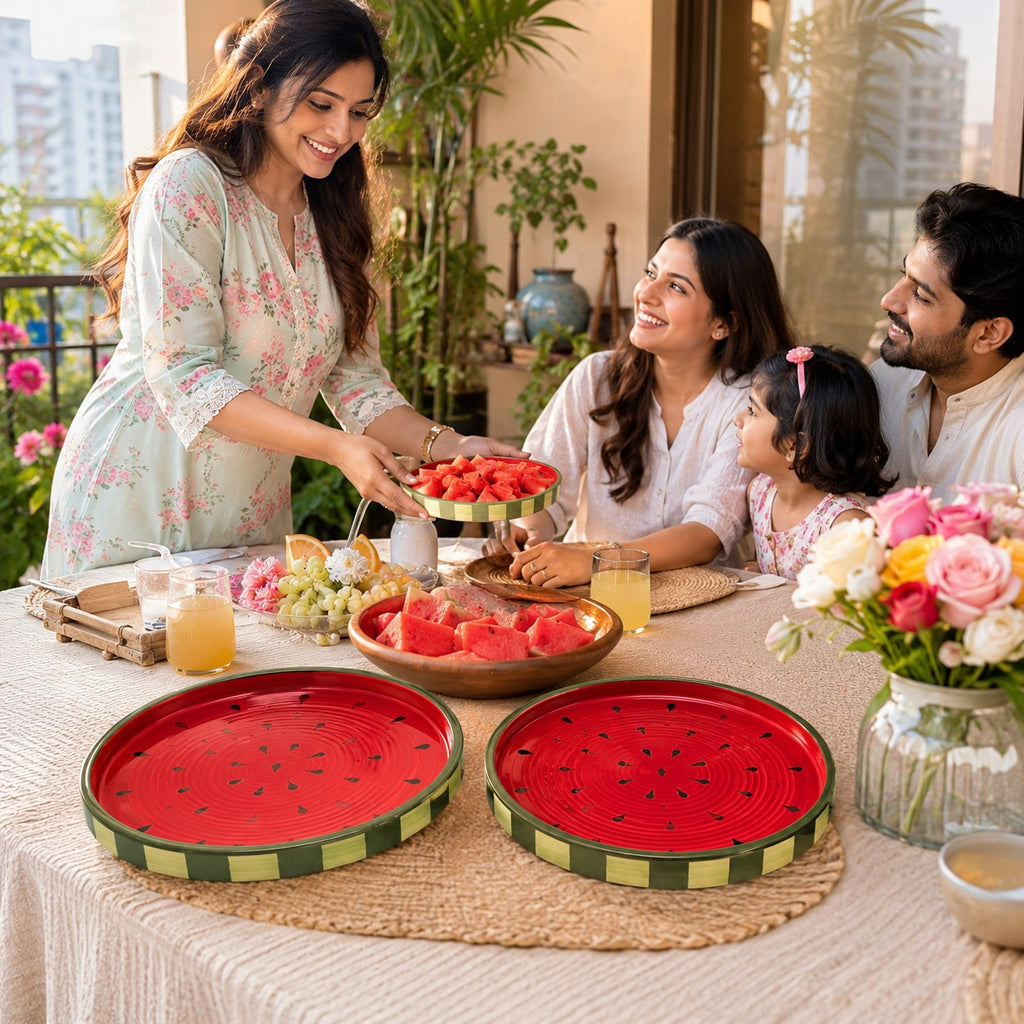 Sajaao Watermelon design Ceramic Serving Platter Set, Pizza Plate , Serving Tray for Snacks, Fruits, Cookies & Desserts, Home Decor Gift for Family, Dining Table decor (Pack of 2, Ceramic, Multicolour)