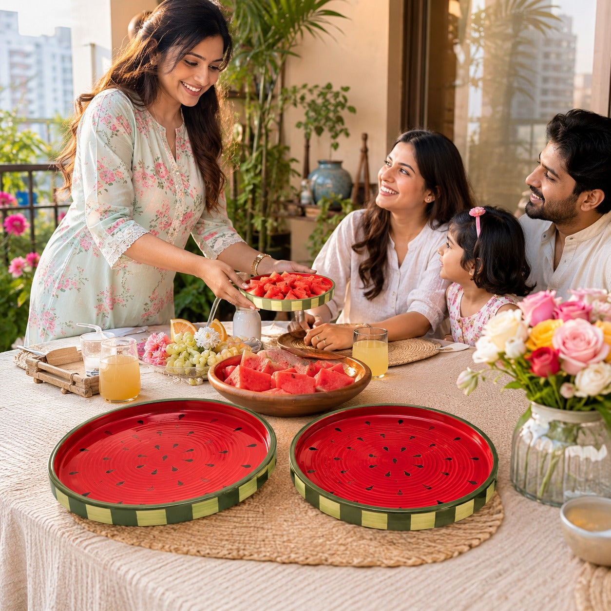 Sajaao Watermelon design Ceramic Serving Platter Set, Pizza Plate , Serving Tray for Snacks, Fruits, Cookies & Desserts, Home Decor Gift for Family, Dining Table decor (Pack of 2, Ceramic, Multicolour)