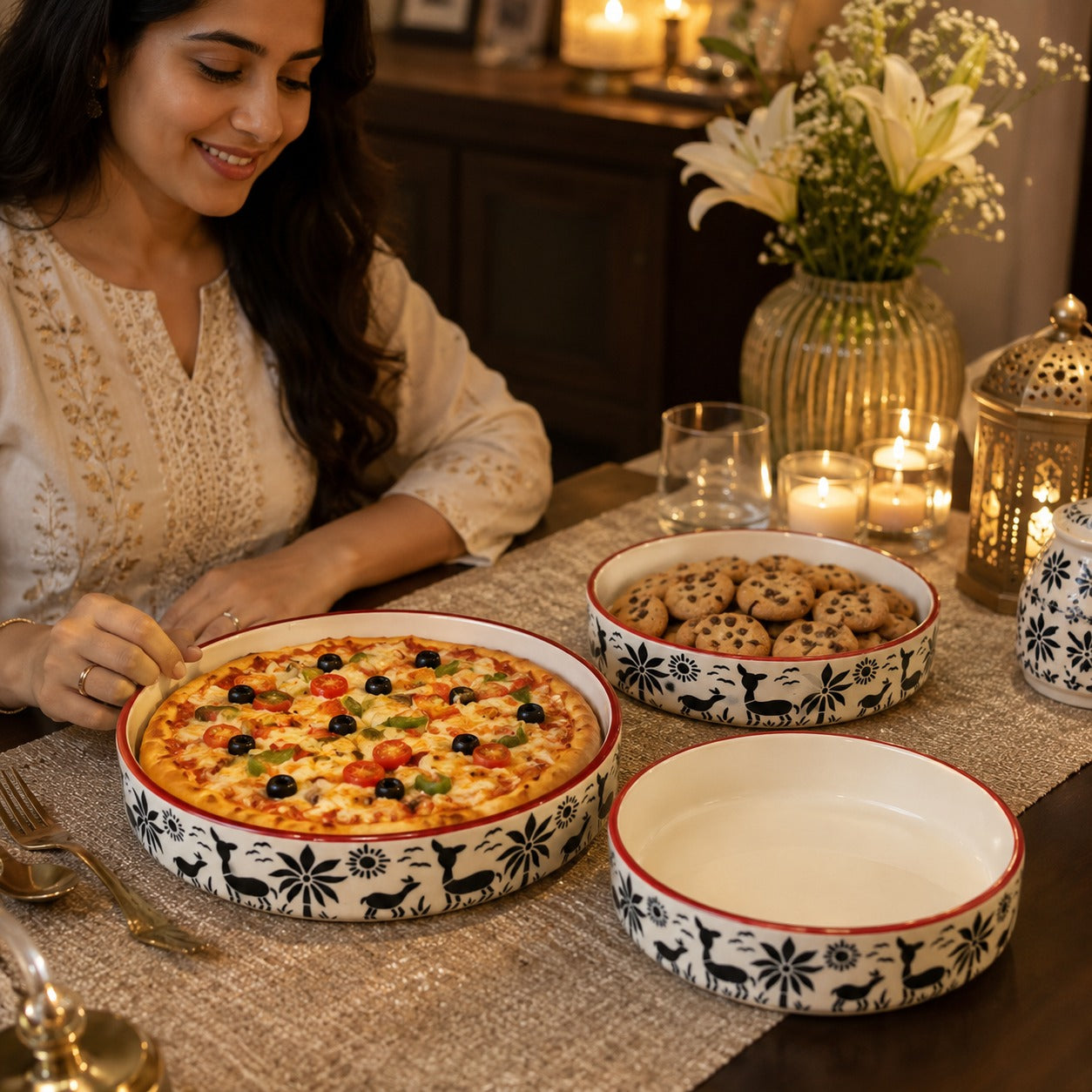 SAJAAO Ceramic Serving Platter Set 6, 7 & 8 inch (Multicolour, Pack of 3 )