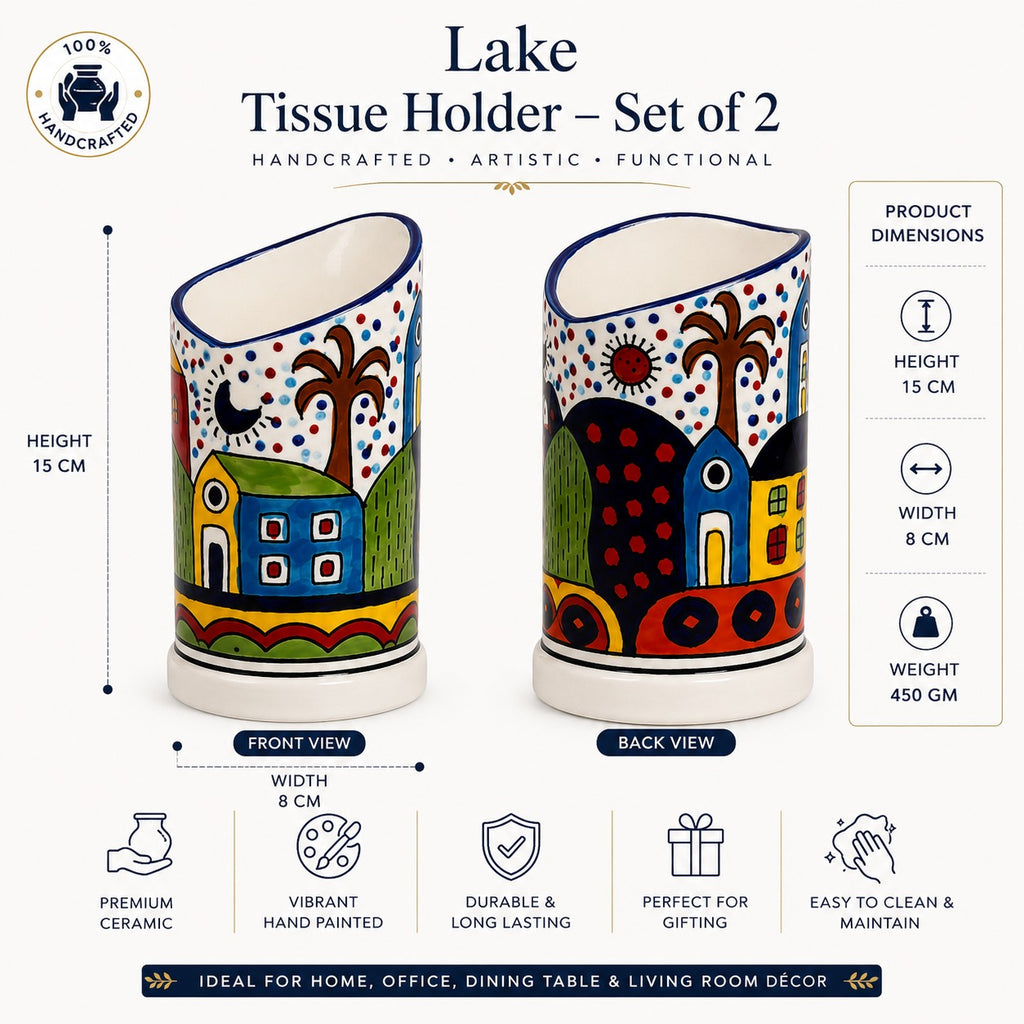 Sajaao Lake Tissue Holder Set of 2, Handcrafted napkin holder, decorative tissue paper holder for dining table, living Room, kitchen, office, home decor (Creamic, Multicolour)