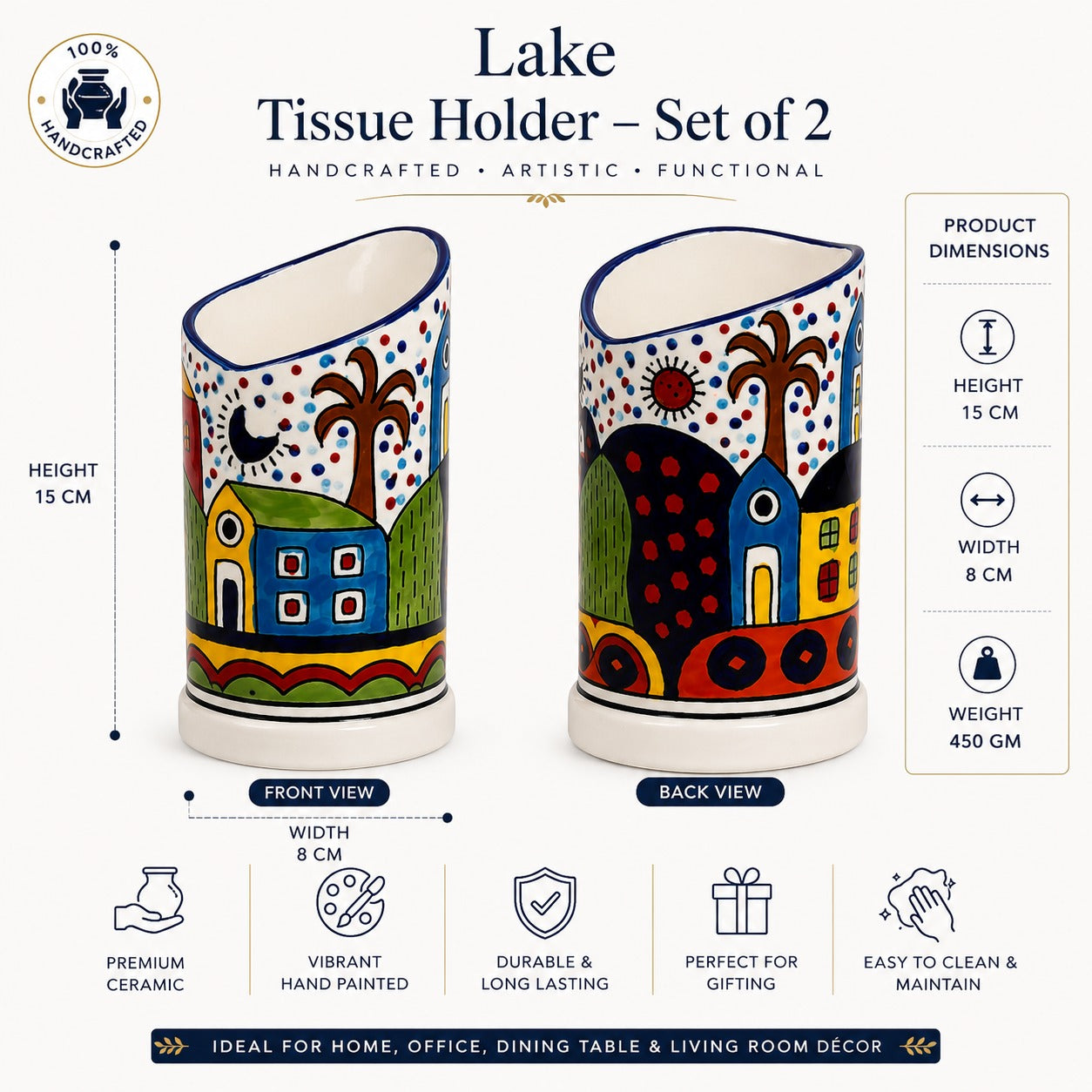 Sajaao Lake Tissue Holder Set of 2, Handcrafted napkin holder, decorative tissue paper holder for dining table, living Room, kitchen, office, home decor (Creamic, Multicolour)