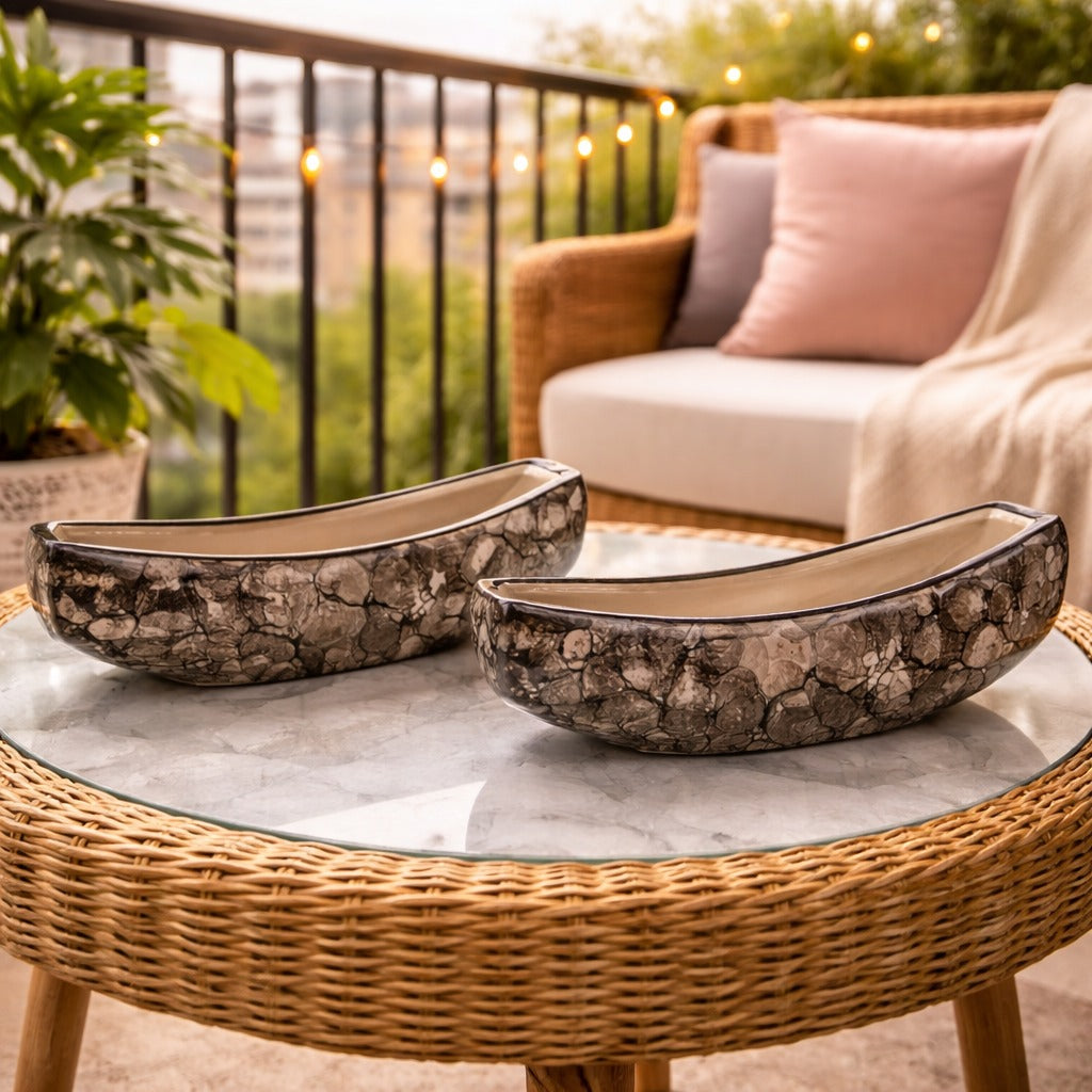 SAJAAO Boat Shaped Ceramic Planter (Black, Set of 2 , Plant not included)