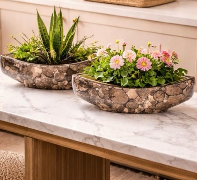 SAJAAO Boat Shaped Ceramic Planter (Black, Set of 2 , Plant not included)