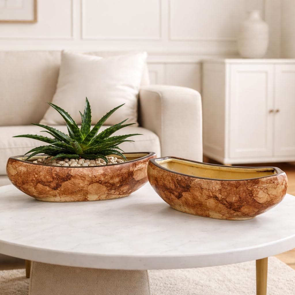 Sajaao Boat Ceramic Indoor Planters (Brown, Pack of 2, Plant not included)