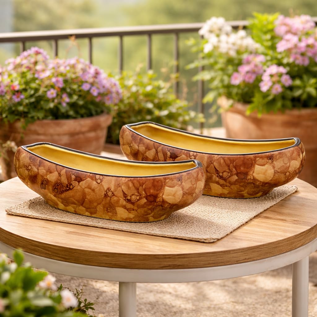 Sajaao Boat Ceramic Indoor Planters (Brown, Pack of 2, Plant not included)