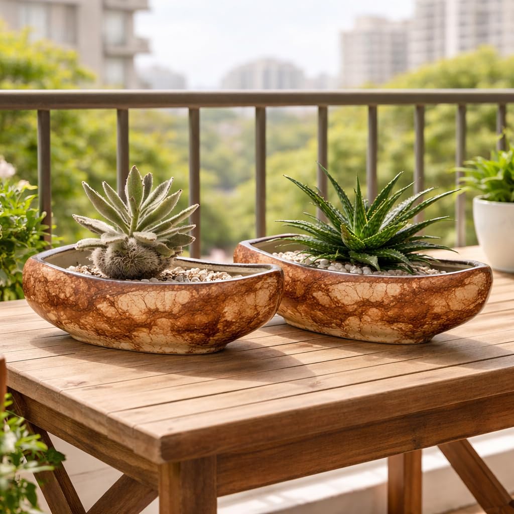 Sajaao Boat Ceramic Indoor Planters (Brown, Pack of 2, Plant not included)