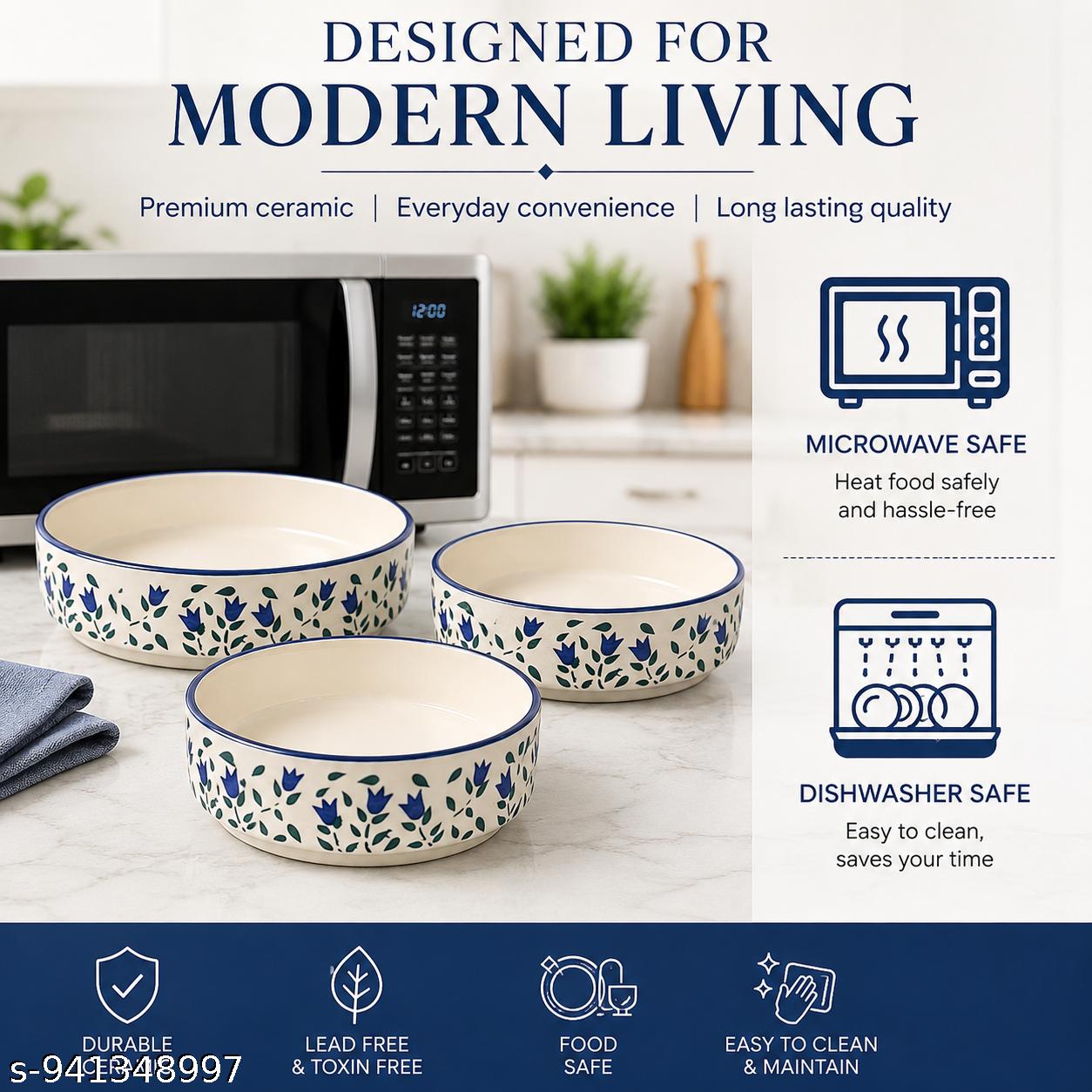 SAJAAO Ceramic Salad Bowl Set, Serving Snacks Ceramic Plates for Salad, Fruit, Ramen, Noodles, curries, Microwave and Dishwasher Safe, Floral Design with Blue Rim (Multicolour, Pack of 3)