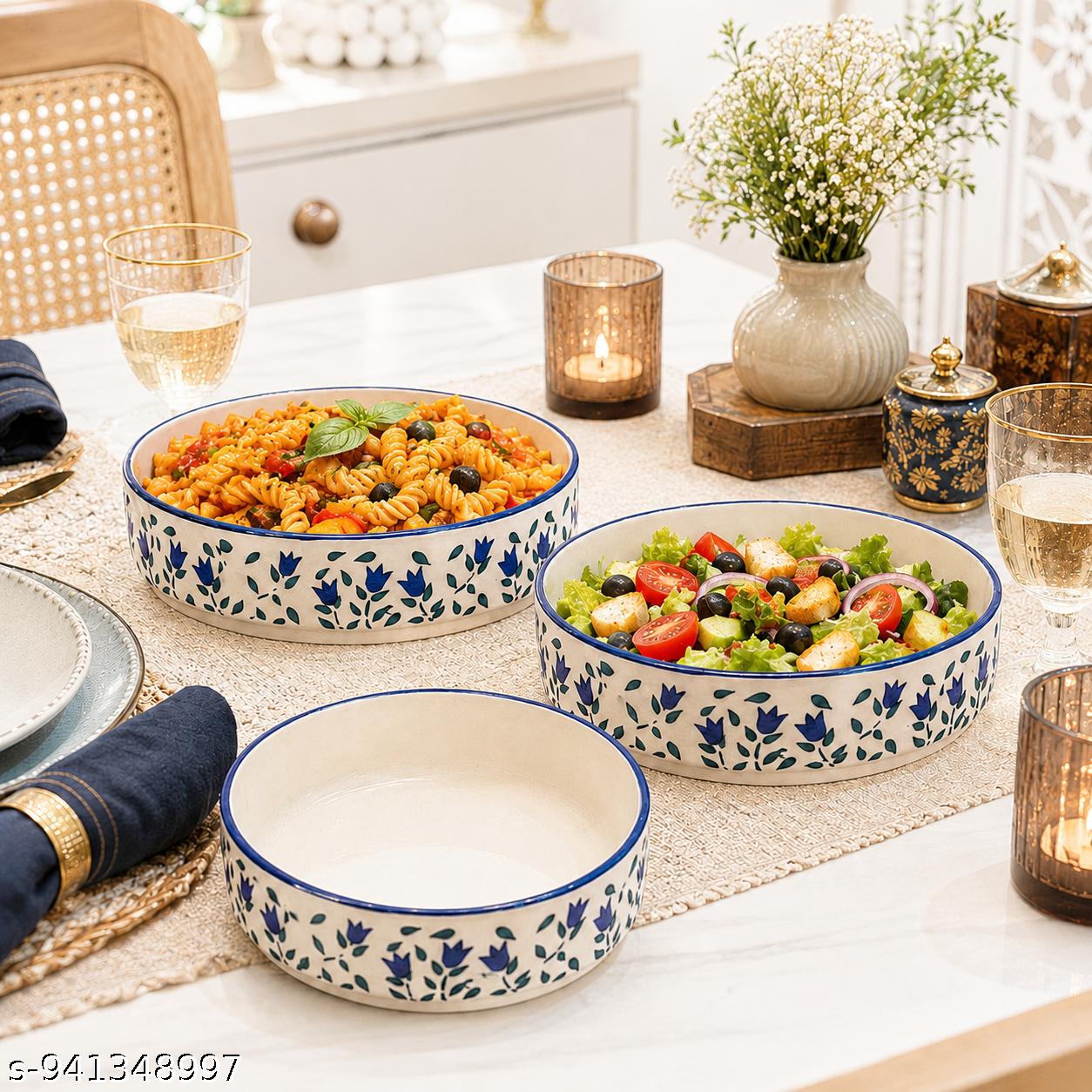 SAJAAO Ceramic Salad Bowl Set, Serving Snacks Ceramic Plates for Salad, Fruit, Ramen, Noodles, curries, Microwave and Dishwasher Safe, Floral Design with Blue Rim (Multicolour, Pack of 3)