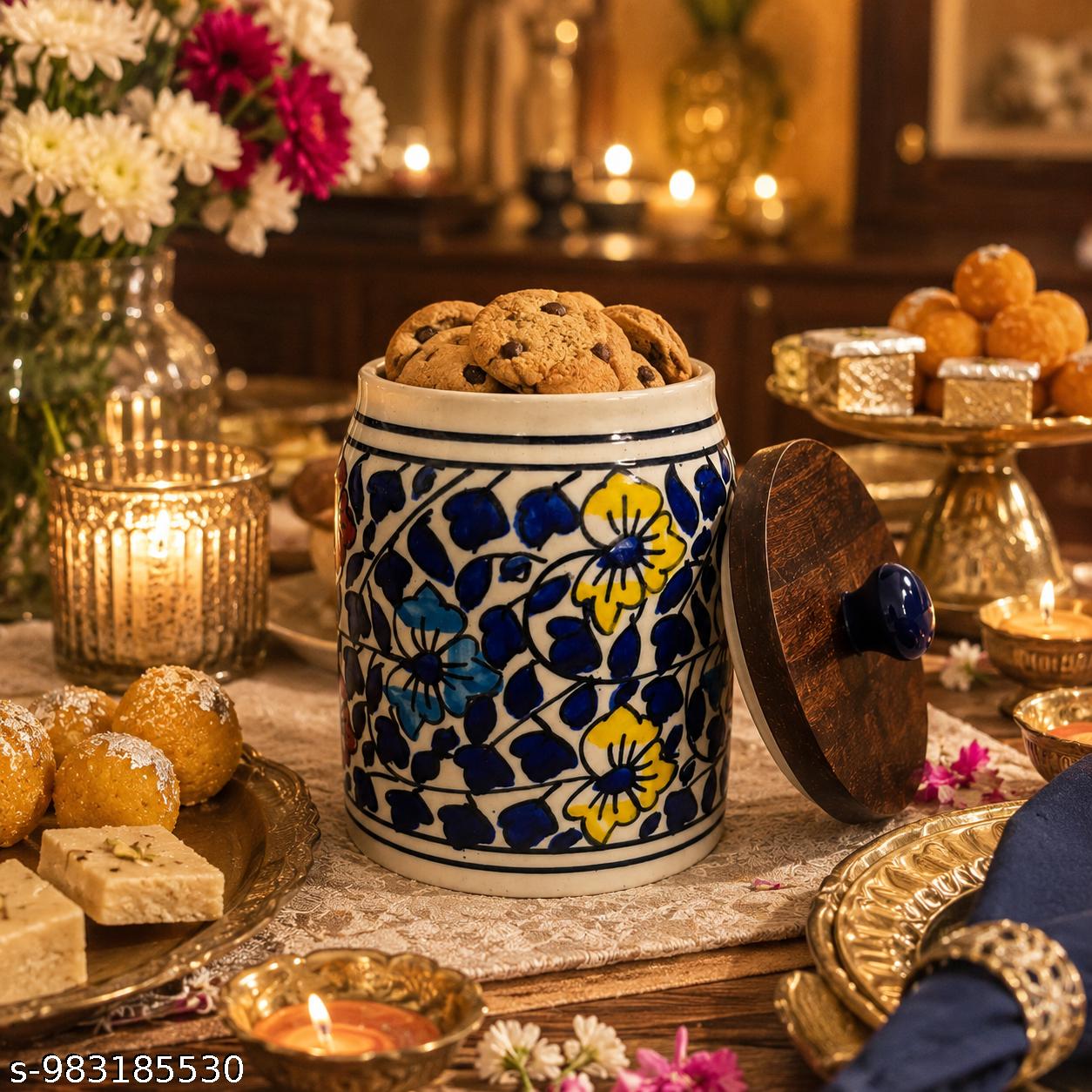 SAJAAO Blue Petal Ceramic Storage Jar with Wooden Airtight Lid, 600 ml, Handcrafted Canister for Tea, Coffee, Sugar (Multicolour)