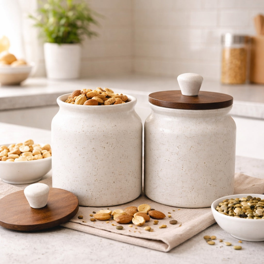 Sajaao Ceramic Storage Jar with airtight wooden lid, Handcrafted Kitchen Container for Tea, Coffee, Sugar & Salt (400ml, Creme, Pack of 2)