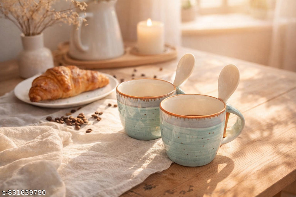 SAJAAO Designer mugs with spoon, Ceramic cup set for tea, coffee, milk ( Sea-Green, Pack of 2)