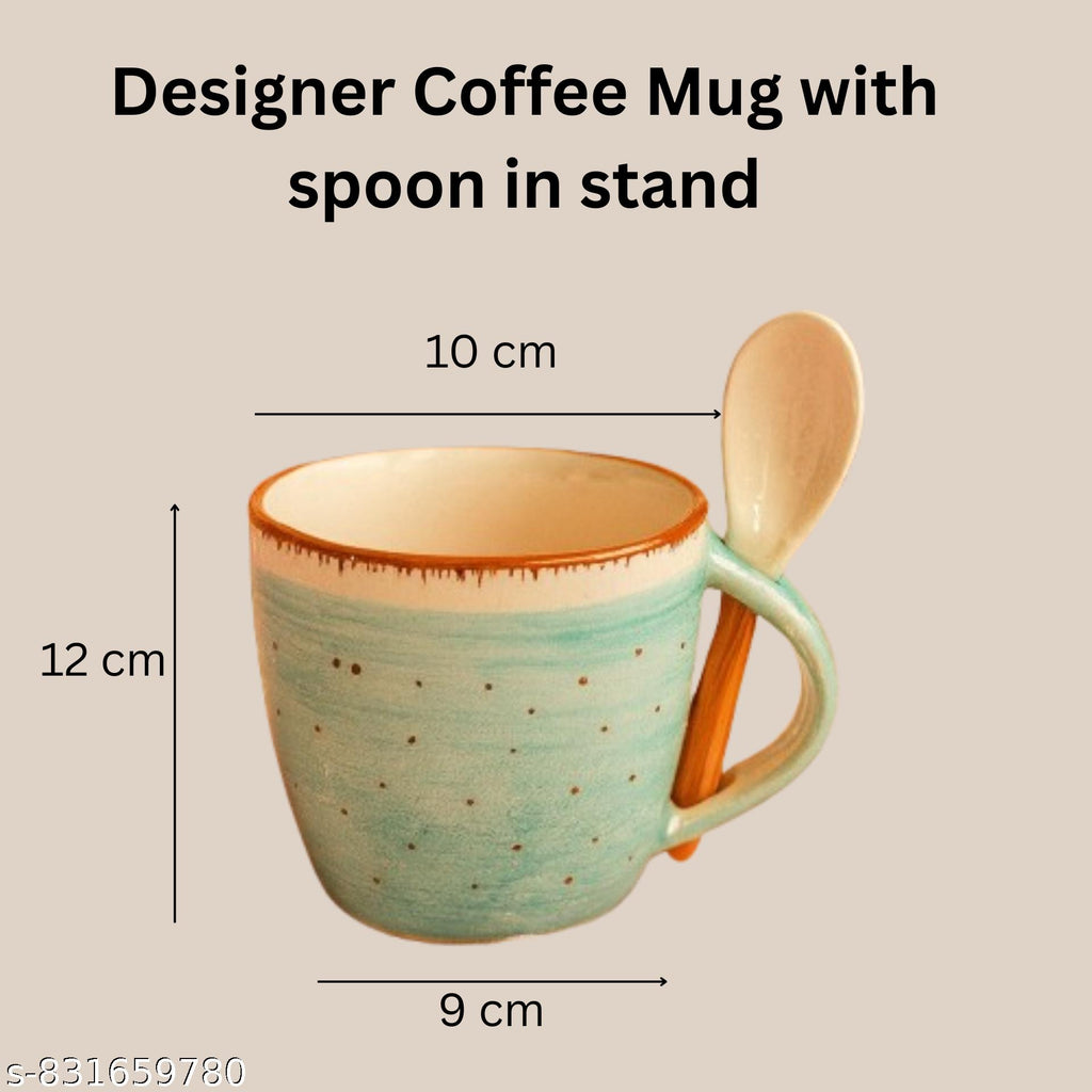 SAJAAO Designer mugs with spoon, Ceramic cup set for tea, coffee, milk ( Sea-Green, Pack of 2)