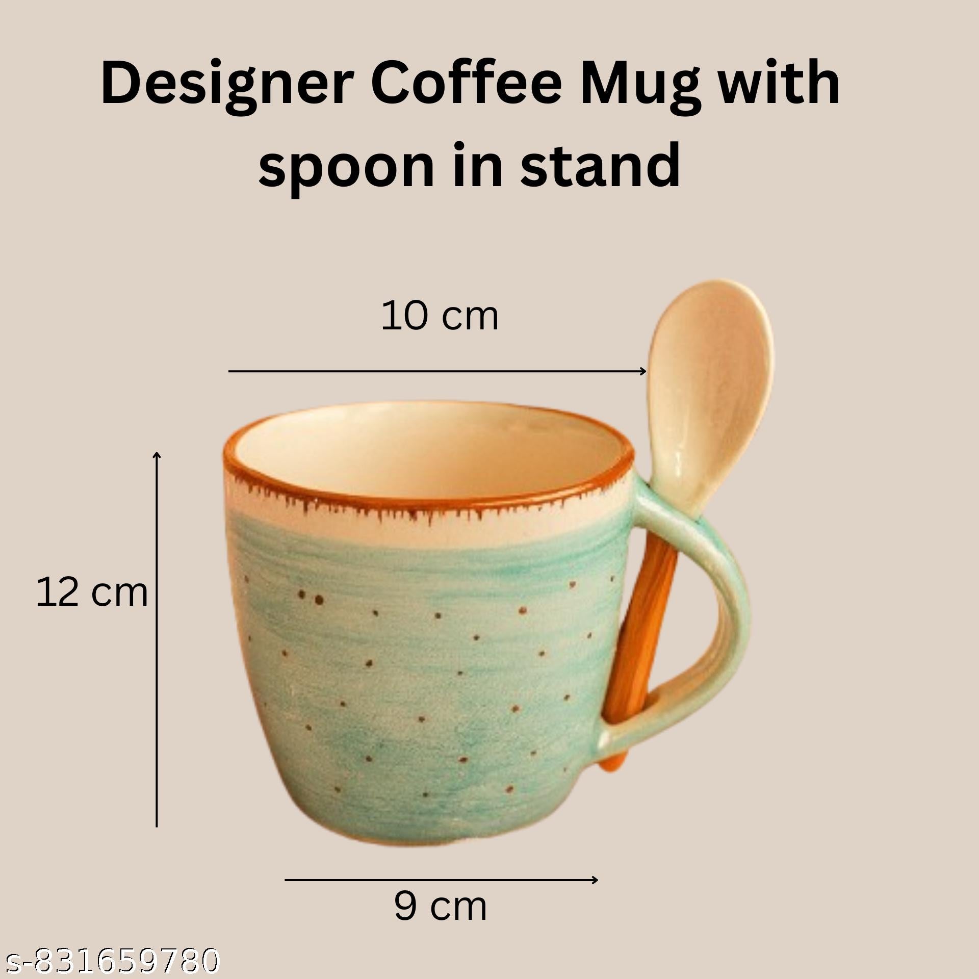 SAJAAO Designer mugs with spoon, Ceramic cup set for tea, coffee, milk ( Sea-Green, Pack of 2)