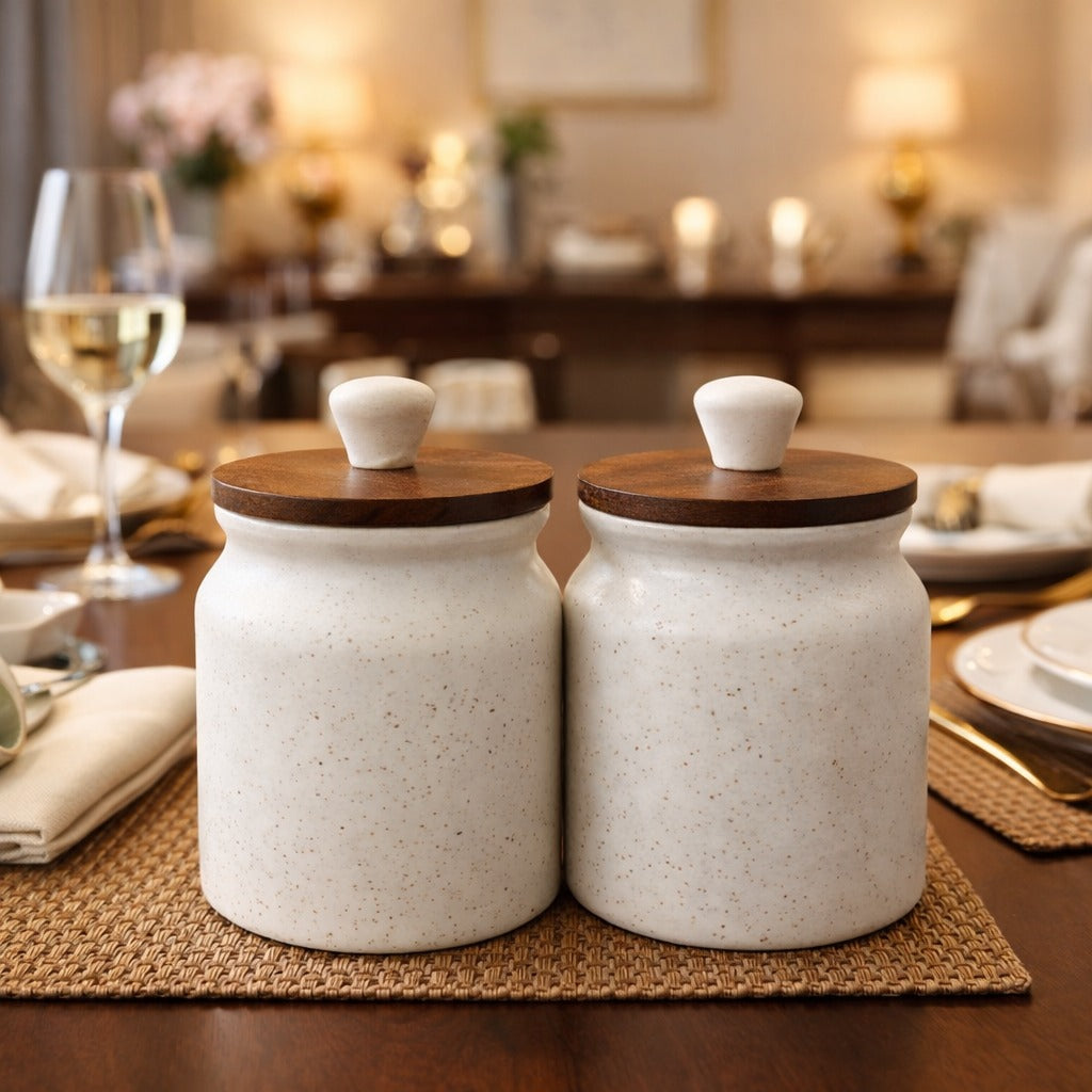 Sajaao Ceramic Storage Jar with airtight wooden lid, Handcrafted Kitchen Container for Tea, Coffee, Sugar & Salt (400ml, Creme, Pack of 2)
