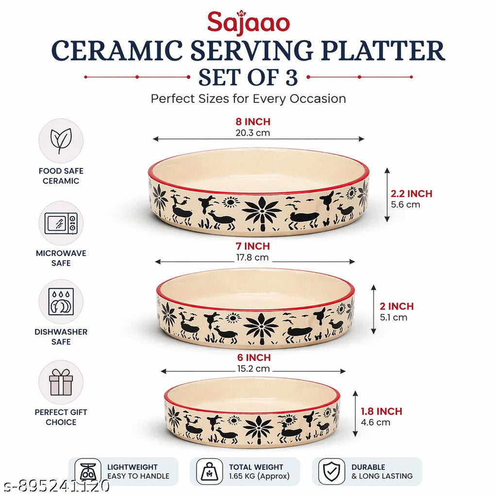 SAJAAO Ceramic Serving Platter Set 6, 7 & 8 inch (Multicolour, Pack of 3 )
