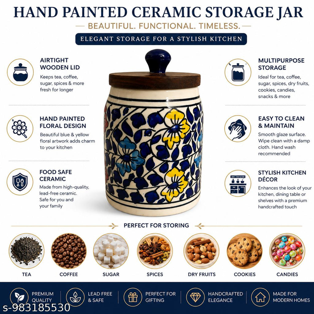 SAJAAO Blue Petal Ceramic Storage Jar with Wooden Airtight Lid, 600 ml, Handcrafted Canister for Tea, Coffee, Sugar (Multicolour)